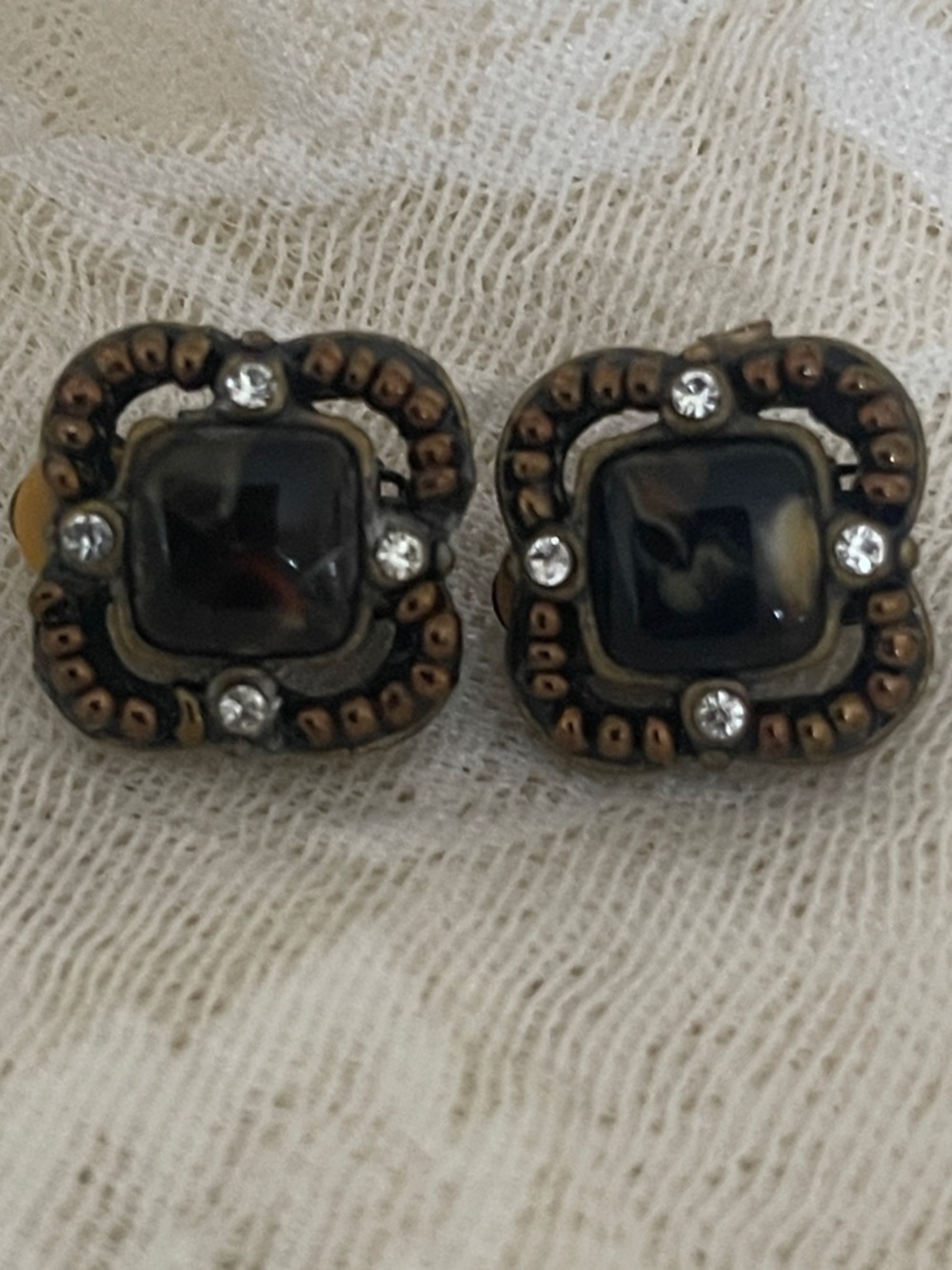 Antique Black and Gold Clip-On Earrings with Crystal Accents